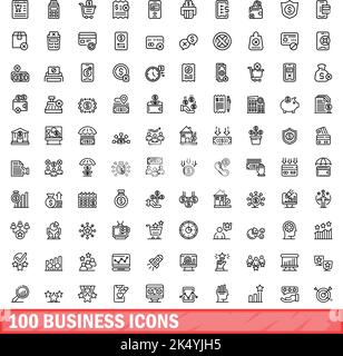 100 icone business impostate. Illustrazione di un vettore di 100 icone business isolato su sfondo bianco Illustrazione Vettoriale