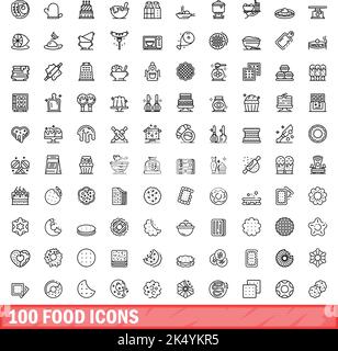 100 icone alimentari impostate. Illustrazione del contorno di 100 icone di cibo vettore set isolato su sfondo bianco Illustrazione Vettoriale