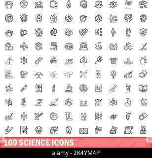 set di 100 icone scientifiche. Illustrazione di un vettore di 100 icone scientifiche isolato su sfondo bianco Illustrazione Vettoriale