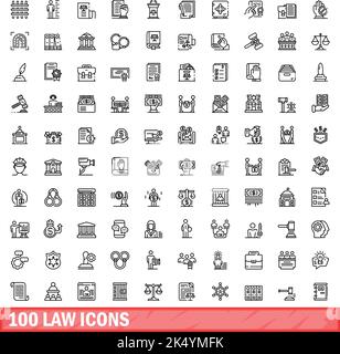 100 icone di legge impostate. Illustrazione del contorno di 100 icone di legge vettore set isolato su sfondo bianco Illustrazione Vettoriale