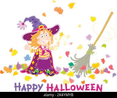 La strega piccola felice di Halloween che mostra i trucchi con la sua scopa magica che spazzano le foglie colorate cadute, biglietto d'auguri del cartone animato del vettore Illustrazione Vettoriale