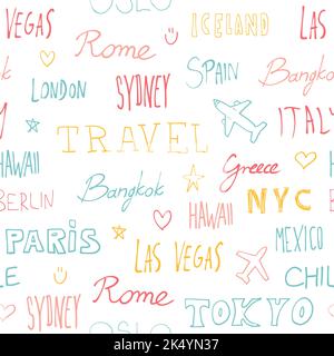 Sfondo del viaggio. Nomi di città e destinazioni di viaggio. Il testo di parola scarabocchio il motivo senza giunture. Illustrazione Vettoriale