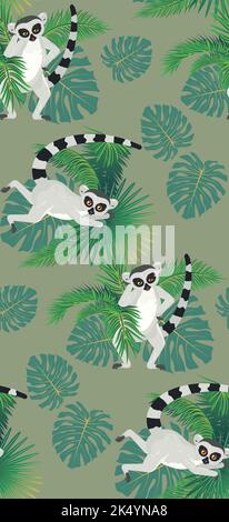 Catta di lemur grigio cartoon con disegno delle foglie tropicali. Illustrazione Vettoriale