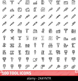 100 icone degli strumenti impostate. Illustrazione a contorno di 100 icone strumento vettore set isolato su sfondo bianco Illustrazione Vettoriale