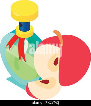 Profumo moderno icona vettore isometrico. Bella bottiglia di profumo e mela rossa. Parfum de toilette, aroma fruttato, profumeria Illustrazione Vettoriale