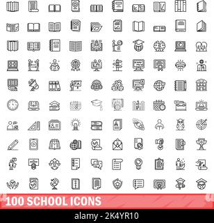 100 icone della scuola impostate. Illustrazione di 100 icone della scuola vettore set isolato su sfondo bianco Illustrazione Vettoriale