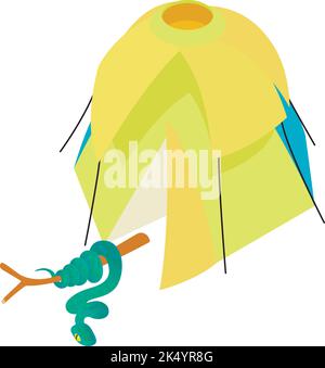Vettore isometrico dell'icona serpente blu. Serpente insularis vicino a tenda da campeggio gialla aperta. Campeggio, ecoturismo, riposo estivo, ricreazione, viaggio Illustrazione Vettoriale