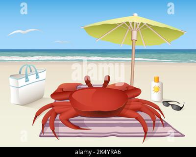Un granchio che si rilassa su un asciugamano in spiaggia Illustrazione Vettoriale