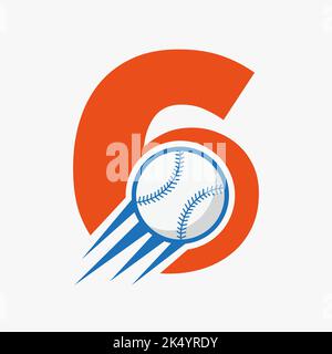 Lettera iniziale 6 Baseball Logo concetto con icona Baseball in movimento modello vettoriale Illustrazione Vettoriale