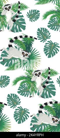 Catta di lemur grigio cartoon con disegno delle foglie tropicali. Illustrazione Vettoriale