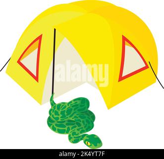 Vettore isometrico Anaconda Icon. Anaconda verde vicino tenda da campeggio aperta gialla. Campeggio, ecoturismo, riposo estivo, ricreazione, viaggio Illustrazione Vettoriale