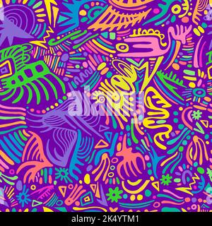 Arcobaleno hippie Psychedelic modello senza cuciture con sorprendenti ornamenti stile doodles. Bizzarro neon ornamenti sfondo. Disegno vettoriale a mano. Illustrazione Vettoriale