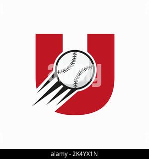 Lettera iniziale U Baseball Logo concetto con icona Baseball in movimento modello vettoriale Illustrazione Vettoriale