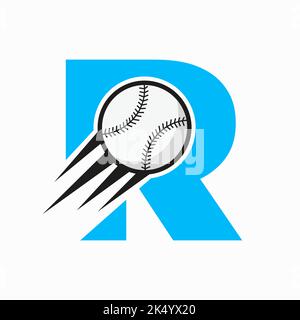 Lettera iniziale R Baseball Logo concetto con icona Baseball in movimento modello vettoriale Illustrazione Vettoriale