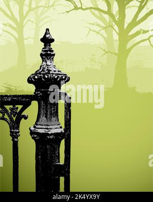 Una porta vettoriale interessante, che si apre su uno sfondo verde spettrale con alberi Illustrazione Vettoriale