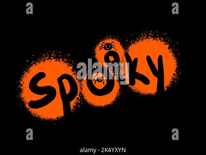 Scritte spoky con ragni per banner, volantini e cartoline. Stile Doodle e graffiti di strada. Felice Halloween biglietto di auguri. Illustrazione vettoriale. Illustrazione Vettoriale