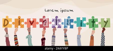 Le mani hanno alzato il gruppo delle persone diverse e multiculturali che tengono i pezzi del puzzle con le lettere che formano la parola -diversità-. Concetto di uguaglianza razziale. Illustrazione Vettoriale