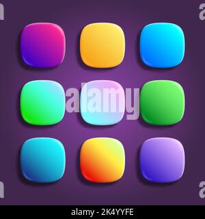 Icone app superellisse, collezione di sfondi vettoriali lucidi. 3D pulsanti a squircle con sfumature olografiche al neon e ombre morbide realistiche arrotondate Illustrazione Vettoriale