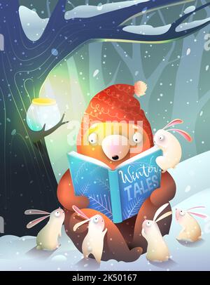 Orso e conigli che leggono il libro sotto l'albero in inverno Illustrazione Vettoriale