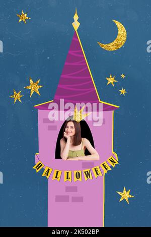 Creative astratto modello collage di divertente funky sognante cute principessa halloween garland testo sedersi castello torre partito costume corona divertirsi Foto Stock