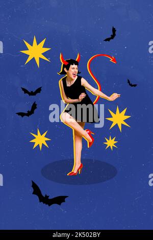 Disegno creativo collage immagine di energico fresco funky giovane donna demone diavolo corna coda vestito tacchi ballare Halloween partito divertirsi Foto Stock