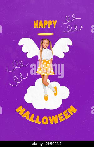 Collage 3D immagine di pinup pop retro schizzo di innocente carino affascinante bambina nuvola cielo angelo felice Halloween costume poster promo partito Foto Stock