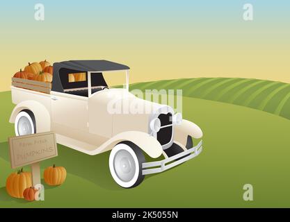 Un camion di pick-up vintage stile caricato con zucche fuori nella fattoria. Illustrazione Vettoriale