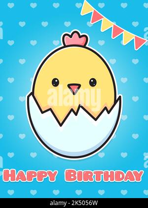 Biglietto di auguri Happy Birthday Chicken in shell. Carino disegno vettoriale piatto cartone animato. Illustrazione Vettoriale