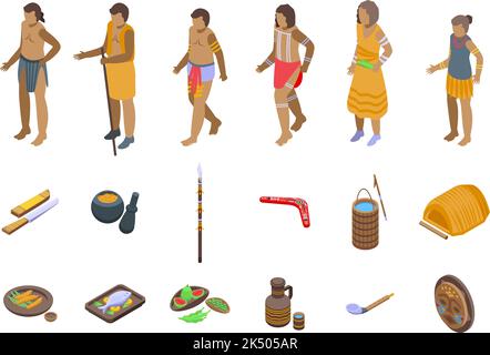 Le icone Aborigin impostano il vettore isometrico. Africa culturale. Tribù Totem Illustrazione Vettoriale