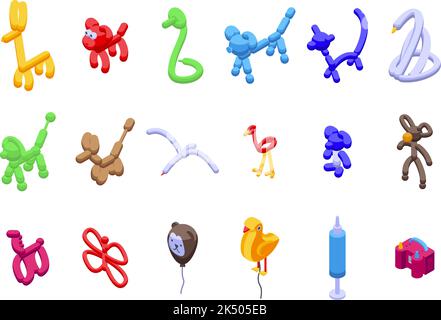 Le icone delle bollature degli animali impostano il vettore isometrico. Cavallo divertente. Palloncino ad aria Illustrazione Vettoriale