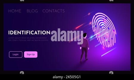 L'uomo si trova davanti al simbolo della impronte digitali. Concetto di identificazione biometrica. Illustrazione vettoriale Illustrazione Vettoriale