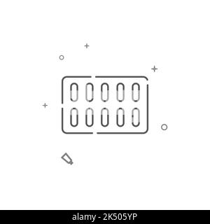 Confezione di pillole semplice icona della linea vettoriale. Simbolo, pittogramma, segno isolato su sfondo bianco. Tratto modificabile. Regolare lo spessore della linea. Illustrazione Vettoriale
