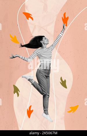 Collage foto di giovane bella donna salto aria spensierata fine settimana autunno stagione ottobre foglia relax vacanza pms isolato su sfondo dipinto Foto Stock