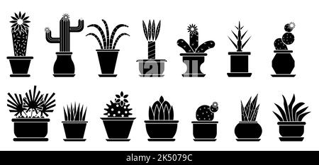 Cactus e succulente icona piatta set. Diverse forme di cactus fiorito con i polli in vasi di fiori. Collezione di piante da casa glyph nero. Cartone animato casa fioritura aloe vera isolato su bianco Illustrazione Vettoriale