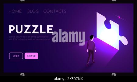 L'uomo si trova davanti al simbolo del puzzle. Concetto di soluzioni aziendali. Illustrazione vettoriale Illustrazione Vettoriale