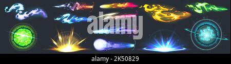 Pistole spaziali effetto vfx, esplosione, blaster laser con raggi e raggi plasmici. Pistole raygun, arma aliena futuristica. Giochi di fumetti di energia phasers con luci colorate, fireballs Cartoon vettore set Illustrazione Vettoriale