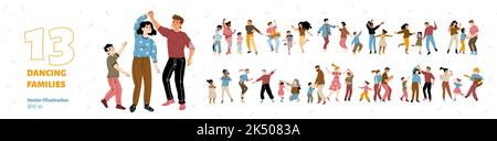 Insieme di famiglie danzanti gioire, divertimento, festa a casa. I personaggi felici dei genitori e dei bambini ballano insieme. Padre o madre con bambini che suonano chitarra e batteria, Cartoon lineare vettore piatto illustrazione Illustrazione Vettoriale