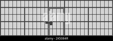 Gabbia di prigione con porta chiusa a chiave, parete della cella di prigione con barre metalliche nere. Recinzione e porta di ferro dettagliate, griglia di istituzione criminale isolata su sfondo trasparente, realistica illustrazione vettoriale 3D Illustrazione Vettoriale