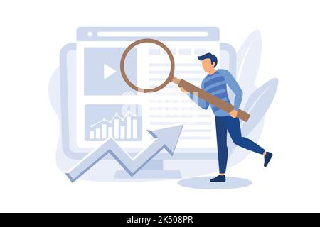 Concetto di posizionamento parola chiave, analisi parola chiave, ottimizzazione parola chiave SEO - illustrazione vettoriale con icone su sfondo isolato Illustrazione Vettoriale