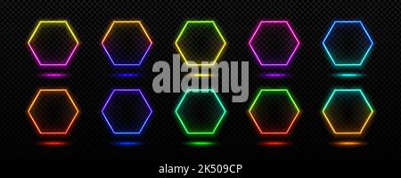 Cornici al neon, striscioni leggeri a forma esagonale. Astratto segno elettrico confini con effetto di bagliore per night club o casinò. Fotogrammi digitali futuristici con linee di colori sfumati, set vettoriale realistico Illustrazione Vettoriale