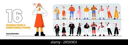 Insieme di persone diverse che utilizzano i telefoni cellulari. I personaggi maschili e femminili parlano e comunicano tramite smartphone. Uomini e donne che navigano sui social network con bolle vocali, Line art flat vector Illustration Illustrazione Vettoriale