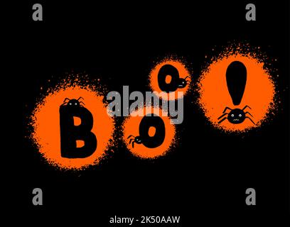 Boo letteringwith ragni per volantini e cartoline. Stile Doodle e graffiti di strada. Felice Halloween biglietto di auguri. Illustrazione vettoriale. Illustrazione Vettoriale