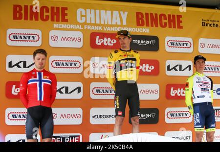 Podio, Rasmus Tiller (uno-X Pro Cycling Team) 2nd° posto, Christophe Laporte (Jumbo-Visma) Vincitore, Hugo Page of Intermarche - Wanty-Gobert Materiaux 3rd° posto durante il Binche - Chimay - Binche 2022, Memorial Frank Vandenbrouck gara ciclistica il 4 ottobre 2022 a Laurent Binche, Belgio - Photo Lairys / DPPI Foto Stock