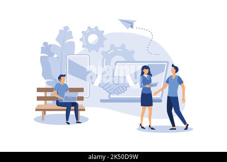 conclusione online della transazione. apertura di una nuova startup. handshake aziendale, via telefono e laptop. illustrazione vettoriale in un'inve piatta Illustrazione Vettoriale