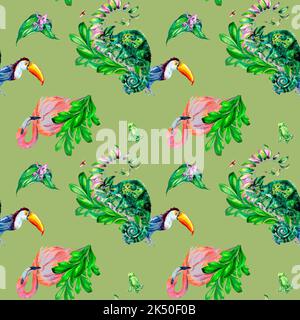 Animali tropicali con motivi floreali e riccamente decorati sul verde. Fenicotteri, toucan, camaleonte e rane dipinte a mano. Design Foto Stock