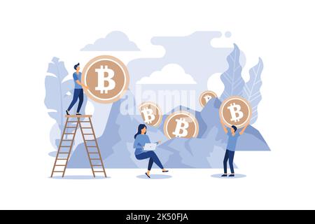 Il concetto di illustrazione del vettore di scambio di criptovaluta che mostra un uomo d'affari che acquista bitcoin ed etereo, Illustrazione Vettoriale