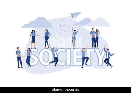 Società. Concetto sociale isometrico con persone in diverse posizioni. Disegno vettoriale piatto. Illustrazione Vettoriale