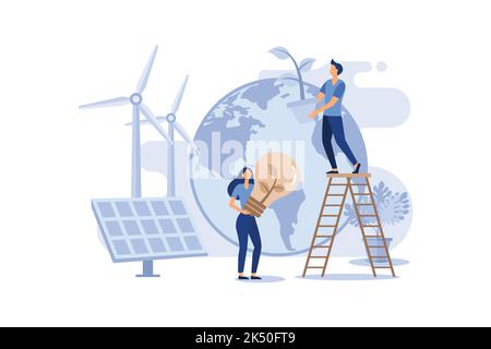 Green Clean Energy Concept, che mostra uno stile di vita ecologico che utilizza la potenza dell'energia verde, adatto per landing page, UI, Web, scheda di introduzione alle app e altri piatti Illustrazione Vettoriale