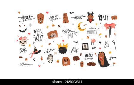 Illustrazioni grafiche astratte del clipart disegnate a mano, elementi di festa di Halloween, clipart e lettering collezione set.Creepy Halloween design Illustrazione Vettoriale