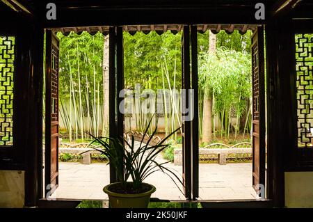 Il giardino di bambù visto dalla squisita Casa di bambù di Smeraldo nel Padiglione della Grande onda (Canglang), Patrimonio dell'Umanità dell'UNESCO, Suzhou, Provincia di Jiangsu, Cina. Foto Stock